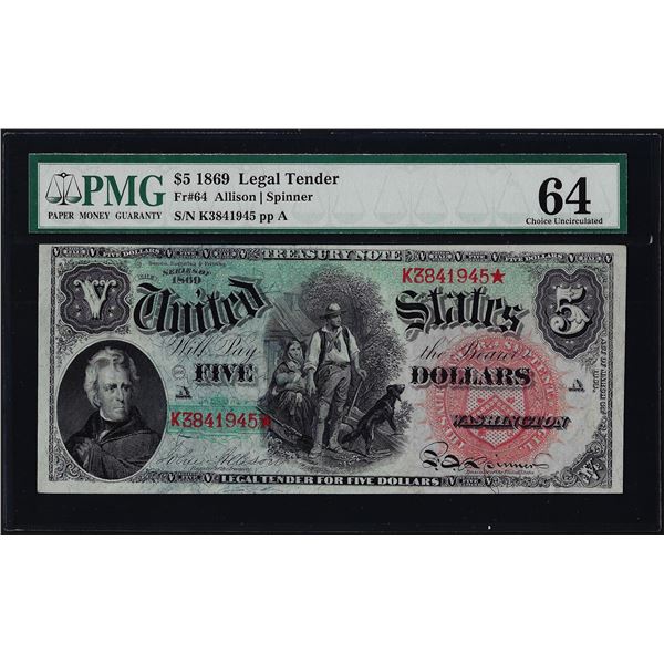 1869 $5 Rainbow Woodchopper Legal Tender Note Fr.64 PMG Choice Uncirculated 64