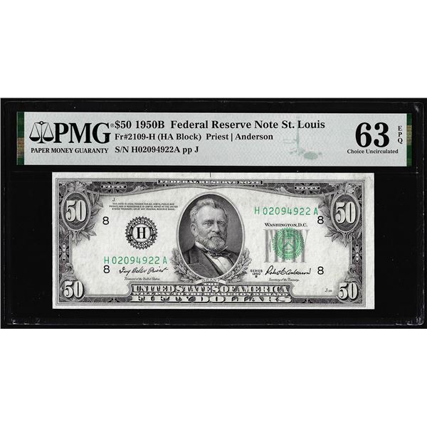 1950B $50 Federal Reserve Note St. Louis Fr.2109-H PMG Choice Uncirculated 63EPQ