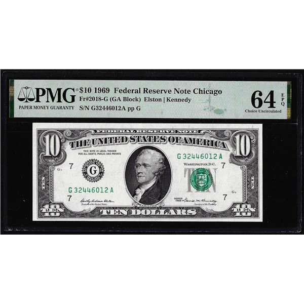 1969 $10 Federal Reserve Note Chicago Fr.2018-G PMG Choice Uncirculated 64EPQ