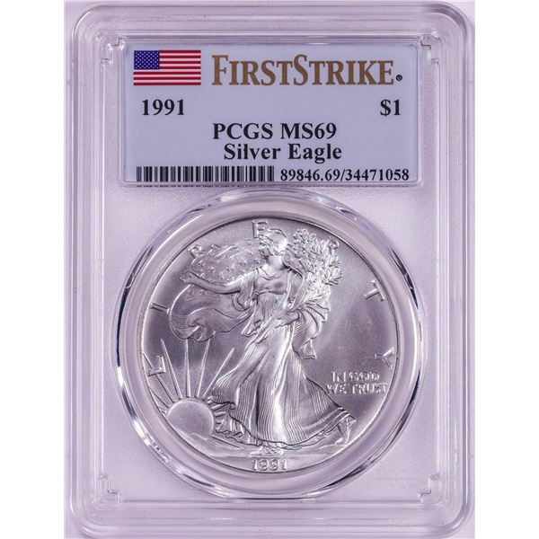 1991 $1 American Silver Eagle Coin PCGS MS69 First Strike