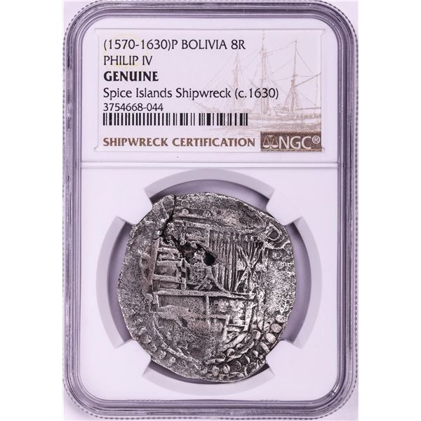 Spice Islands Shipwreck (1570-30)P Bolivia 8 Reales Philip IV Silver Coin NGC Genuine