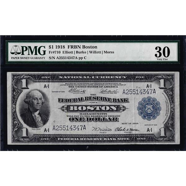 1918 $1 Federal Reserve Bank Note Boston Fr.710 PMG Very Fine 30