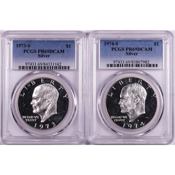 Lot of 1973-S & 1974-S $1 Proof Eisenhower Silver Dollar Coins PCGS PR69DCAM