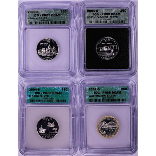 Lot of (4) Proof Silver State Quarter Coins ICG PR69DCAM