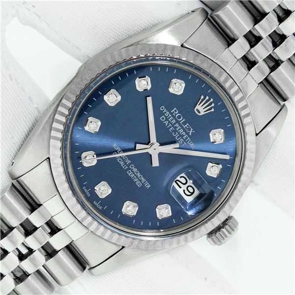 Rolex Men's Stainless Steel Blue Diamond Datejust Wristwatch