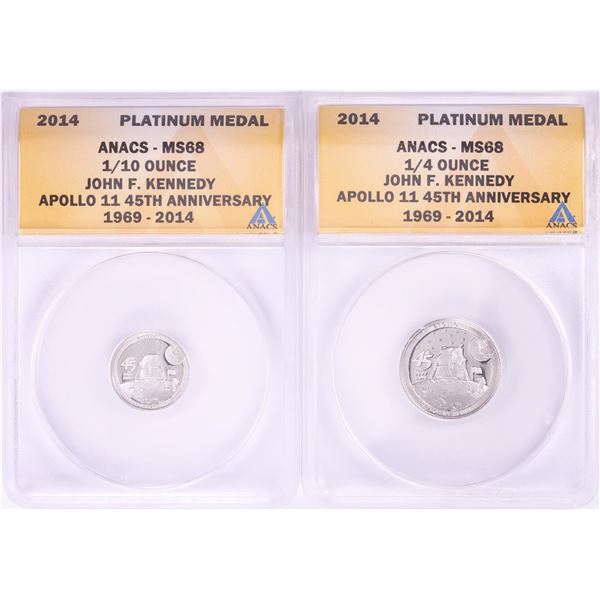 Set of 2014 Proof 1/10 & 1/4 oz Platinum JFK Apollo 11 Anniversary Medals ANACS MS68