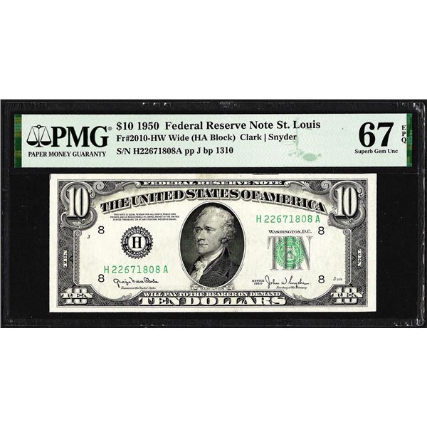 1950 $10 Federal Reserve Note St. Louis Fr.2010-HW PMG Superb Gem Uncirculated 67EPQ