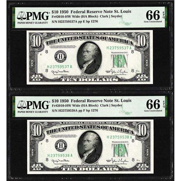 Lot of (2) Consecutive 1950 $10 Federal Reserve Notes STL PMG Gem Uncirculated 66EPQ