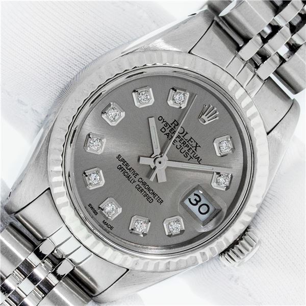 Rolex Ladies Stainless Steel Slate Grey Diamond Datejust Wristwatch With Rolex Box