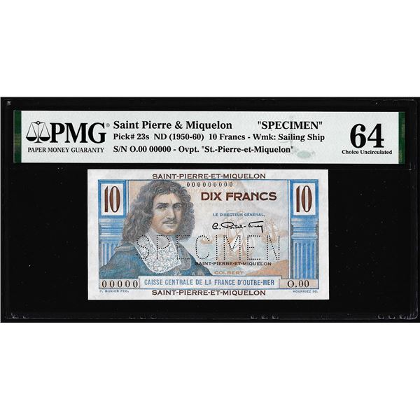 1950-1960 Saint Pierre & Miquelon 10 Francs Specimen Note Pick# 23s PMG Choice Uncirculated 64