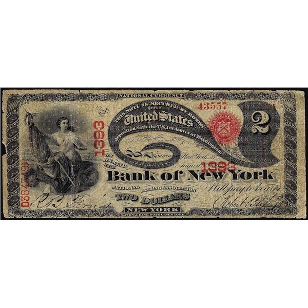 Original Series 1865 $2 "Lazy Deuce" Bank of New York CH#1393 National Currency Note