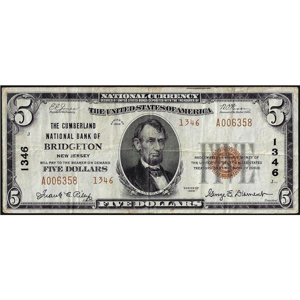 1929 Ty. 2 $5 The Cumberland NB of Bridgeton, NJ CH# 1346 National Currency Note