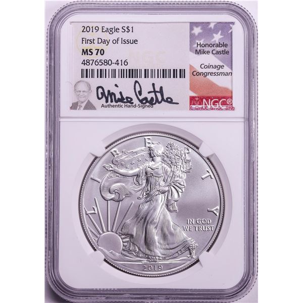 2019 $1 American Silver Eagle Coin NGC MS70 FDOI Mike Castle Signature