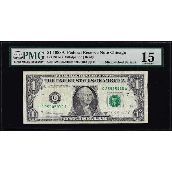 1988A $1 Federal Reserve Note Mismatched Serial Number ERROR PMG Choice Fine 15