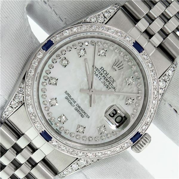 Rolex Men's Stainless Steel MOP Diamond & Sapphire Datejust Wristwatch