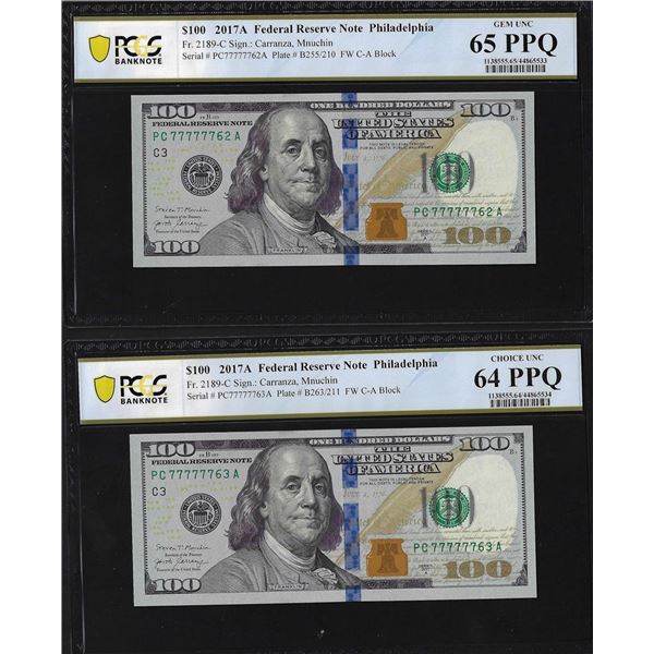 (2) Consec. 2017A $100 Federal Reserve Bank Notes PCGS Choice/Gem Unc. 64PPQ/65PPQ