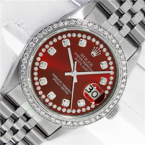 Rolex Men's Stainless Steel Red Diamond Datejust Wristwatch