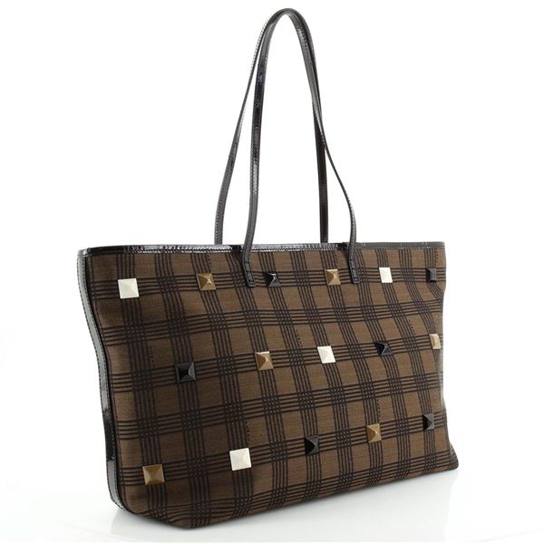 Fendi Brown Printed Canvas Studded Roll Medium Tote Bag