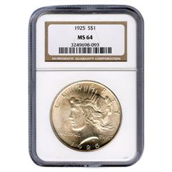 Certified Peace Silver Dollar 1925 MS64 NGC