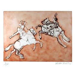 Malcolm Morley, Two Horsemen, Sepia Etching