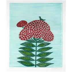 Keiko Minami, Bird on Flower, Aquatint Etching