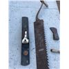 Image 2 : Buck Saw (Green Handle), 6' & 7' Pit Saw, Axe Head, Record SS Planer & 2 Antique Draw Knives w Wood 