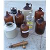 Image 1 : Redwing Stoneware Crock (no lid), 2 Stoneware Jugs (lid has some damage), Brown & Clear Glass Bottle