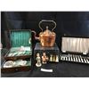 Image 1 : Incredible Antique Copper Kettle, Opera Glasses, Genuine Firth Staybrite Crusade Fisheater Set, 2 Go