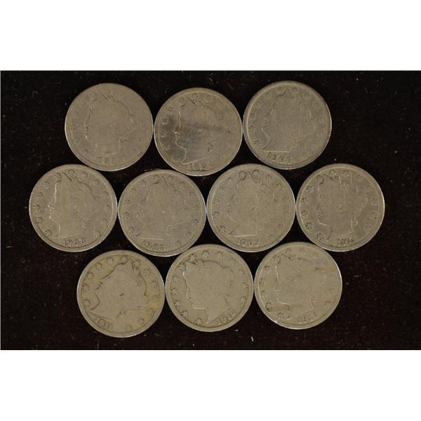 10 ASSORTED LIBERTY "V" NICKELS: 1893-1912-D