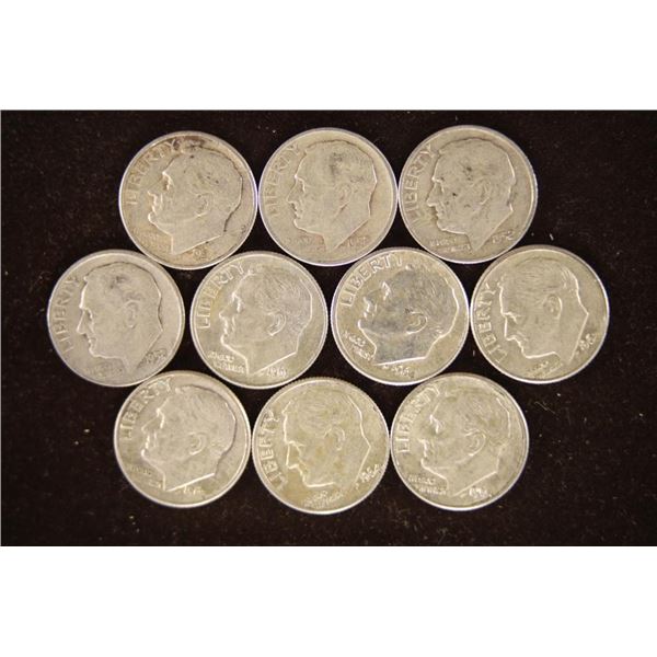 10 ASSORTED SILVER ROOSEVELT DIMES: 1951-1964