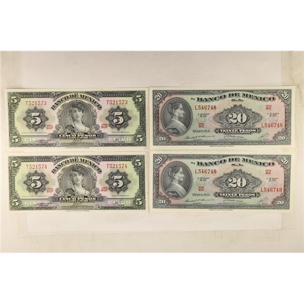 4-BANK OF MEXICO CRISP UNC BILLS: 2-1969 5 PESOS