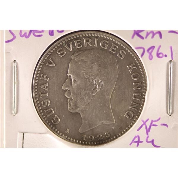 1923 SWEDEN SILVER 1 KRONA COIN XF-AU