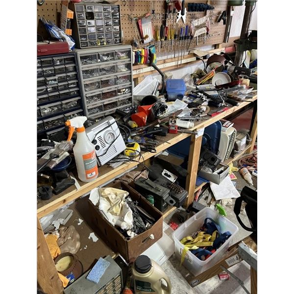 WORK BENCH AND PEG BOARD WALL (NO CONTENTS)