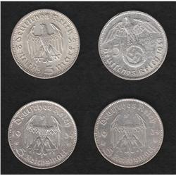 Lot of four Germany 5 reichsmark pieces 