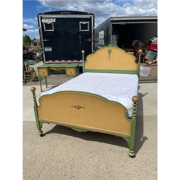 FRENCH COUNTRY ANTIQUE FULL SIZED BED, HEADBOARD, FOOTBOARD, MATTRESS, AND BOX SPRING