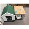 Image 1 : Group of assorted pet products - expandable gate, Plastic outdoor dog house & dog cage w/ bolstered 