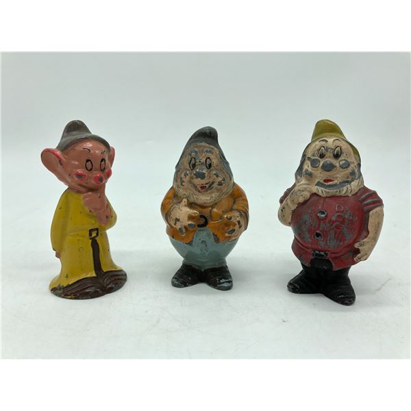 3 Dwarfs figures metal (Lincoln log company) Happy, Doc and Dopey - Approx 4" tall