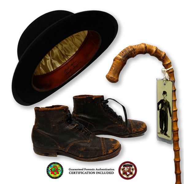 Charlie Chaplin Signed Worn Hat, Cane, & Shoes.