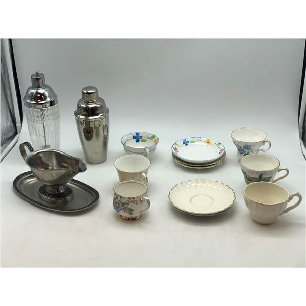 Group of 14 Kitchenware's - includes cups/plates/18/8 stainless steel cocktail shaker etc.