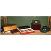 Image 1 : Shelf lot of misc. - includes leather wooden cigar box/vintage ceramic fish shape doorknobs ? Etc.