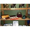 Image 2 : Shelf lot of misc. - includes leather wooden cigar box/vintage ceramic fish shape doorknobs ? Etc.
