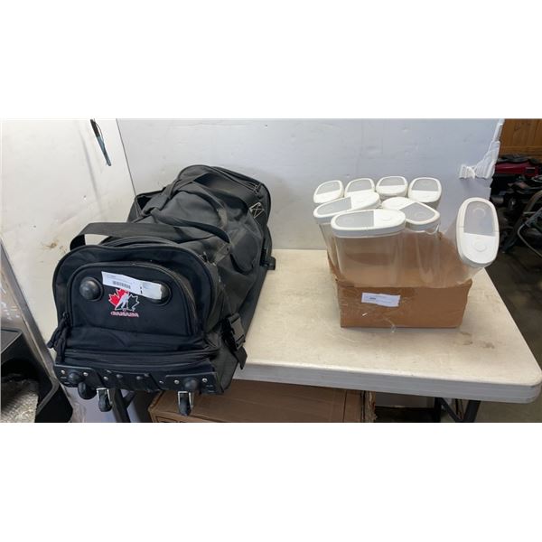 TEAM CANADA HOCKEY BAG WITH KIDS GEAR AND TRAY OF PLASTIC CONTAINERS