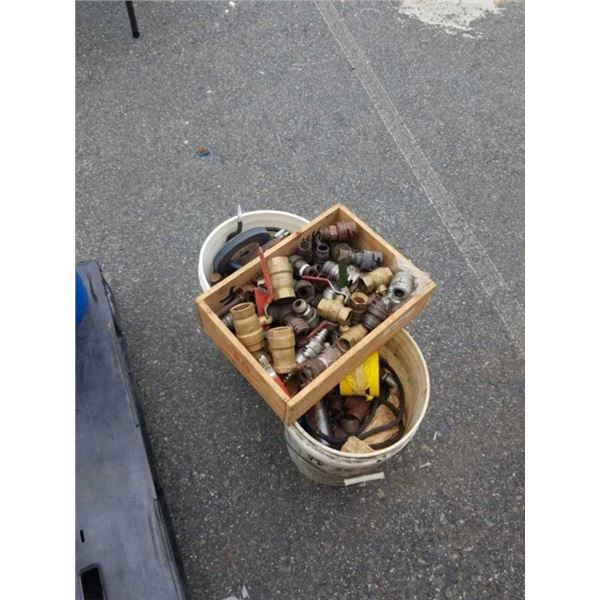 2 BUCKETS AND WOOD CRATE OF HYDRAULIC FITTINGS, SHUTOFF SWITCHES, GRINDING WHEELS AND MORE