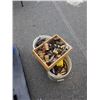 Image 1 : 2 BUCKETS AND WOOD CRATE OF HYDRAULIC FITTINGS, SHUTOFF SWITCHES, GRINDING WHEELS AND MORE