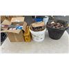 Image 1 : LOT OF DOOR HINGES, WIRE CLAMPS, ANCHORS AND WIRE WHEEL BITS CONSISTS OF 2 BOXES, 2 BUCKETS AND META