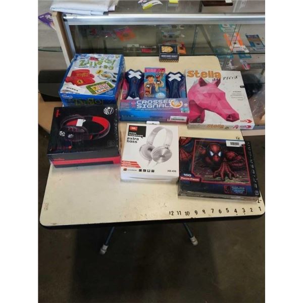 LOT OF HEADPHONES, PUZZLES, GAMES