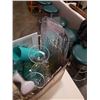 Image 8 : TRAY OF NEW CLOTHING AND BOX OF PLASTIC MARGARITA CUPS, DISHES