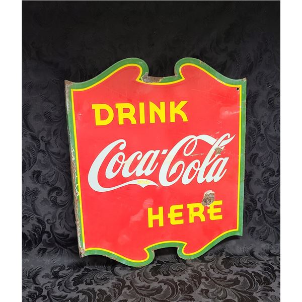 1938 PORCELAIN DRINK COCA-COLA HERE DOUBLE SIDED FLANGE