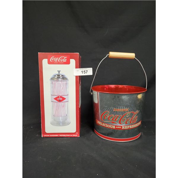 NOS COCA-COLA GLASS STRAW DISPENSER & COCA-COLA METAL BUCKET