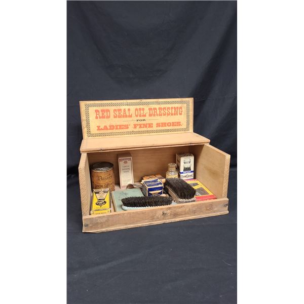 AMAZING ANTIQUE RED SEAL OIL DRESSING COUNTER TOP DISPLAY CABINET W/12 VINTAGE/ANTIQUE SHOE ACCESSOR